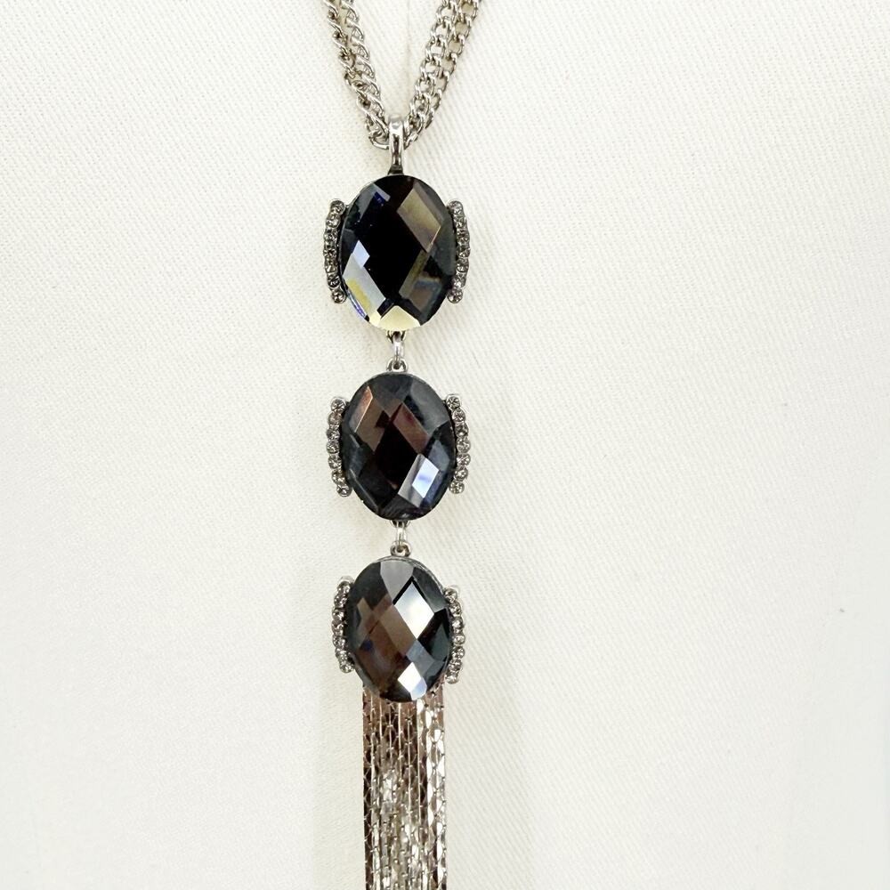 Banana Republic Silver Faceted Crystal Tassel Pendant Long Necklace Statement - Picture 5 of 7